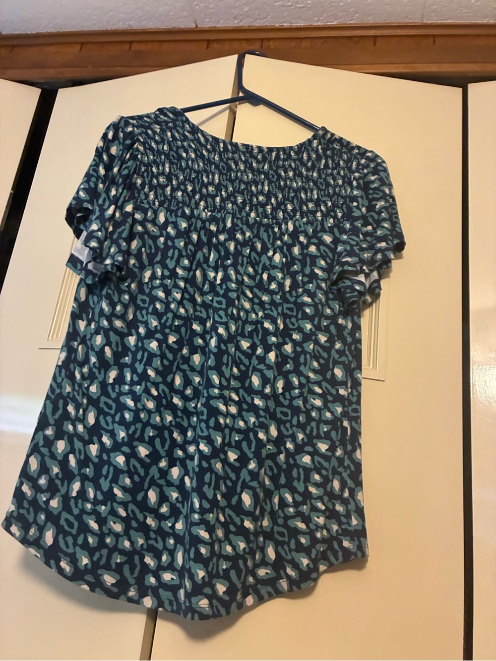 Style & Co. Teal and White Smocked Animal-Print Top